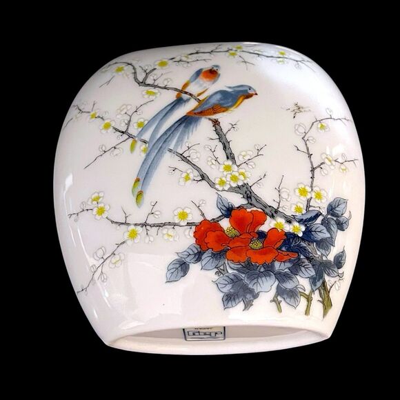 Vtg 1960s JAY Fine China Exotic Birds & Cherry Blossom Oval Porcelain Vase–Japan - Picture 10 of 15